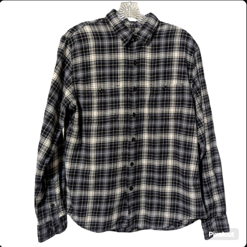 True Craft Men's Black and White Plaid Button-up Long-sleeve Shirt Size: Medium